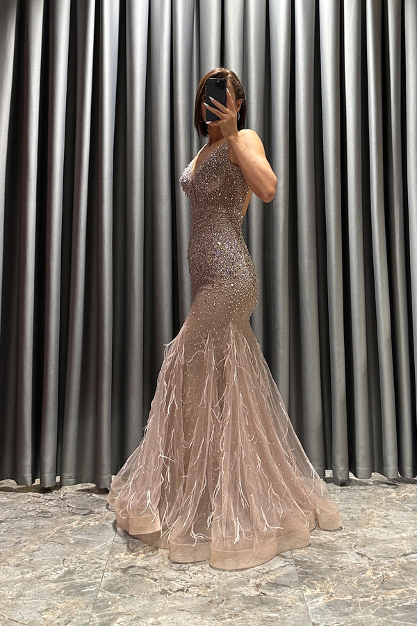 Vizon İşlemeli Etek Ucu Tüy Detaylı Tasarım Abiye