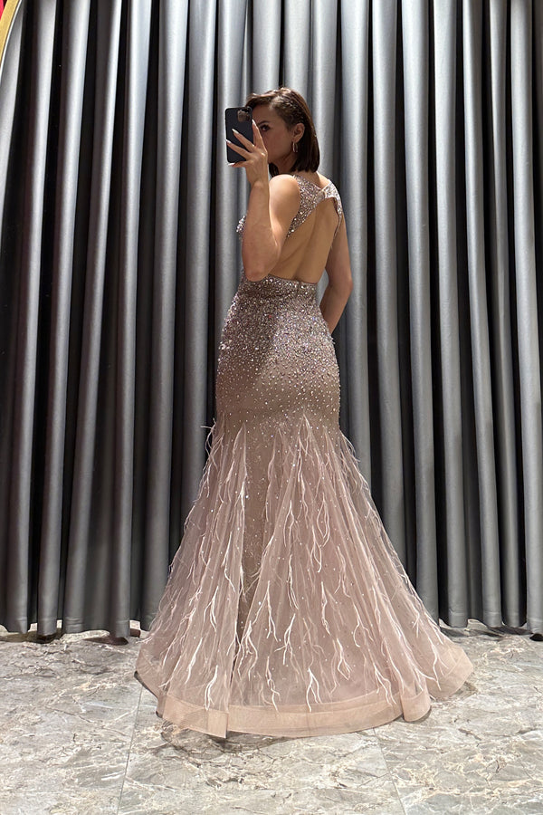 Vizon İşlemeli Etek Ucu Tüy Detaylı Tasarım Abiye