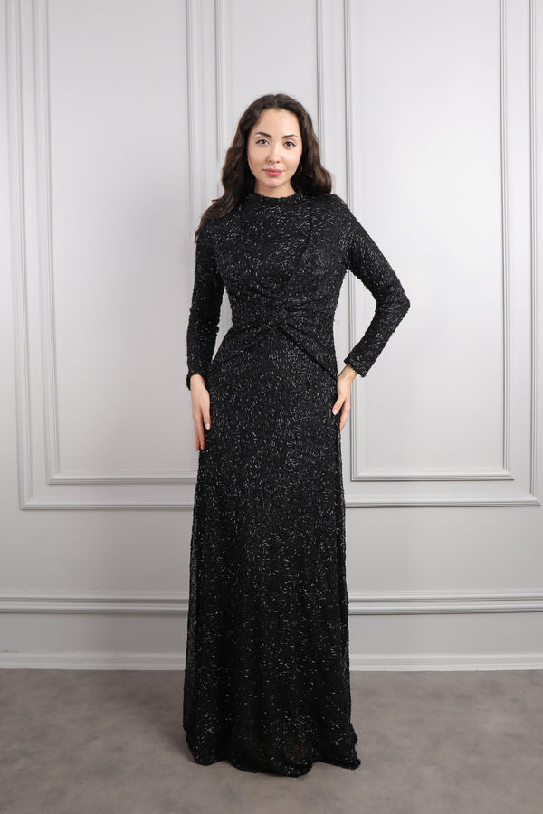 Hakim Yaka Beli Düğüm Detaylı Boncuk İşlemeli Tesettür Büyük Beden Abiye Siyah