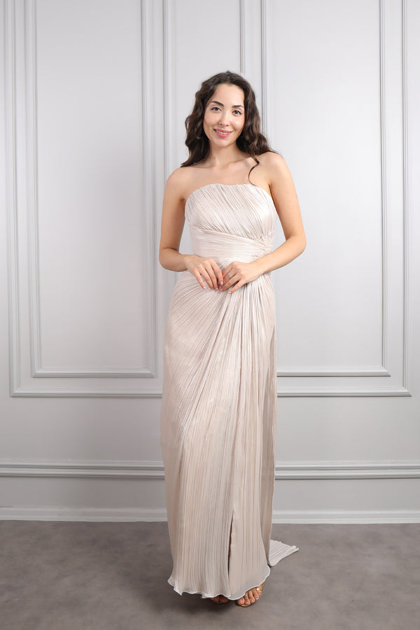 Straplez Beli Boncuk İşlemeli Pileli Şifon Abiye Bej