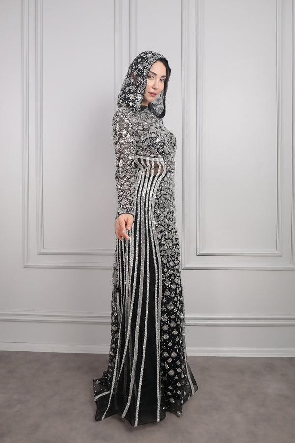 Kapüşon Detaylı Taş Ve Boncuk İşlemeli Büyük Beden Tasarım Abiye Siyah