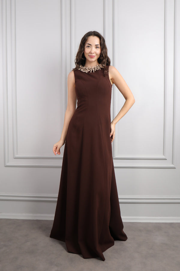 Yakası Taş Detaylı Büyük Beden Abiye Kahve