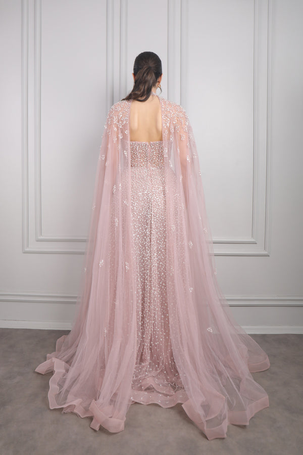 Halter Yaka Pelerin Detaylı İnci Ve Taş İşlemeli Büyük Beden Tasarım Abiye Pembe