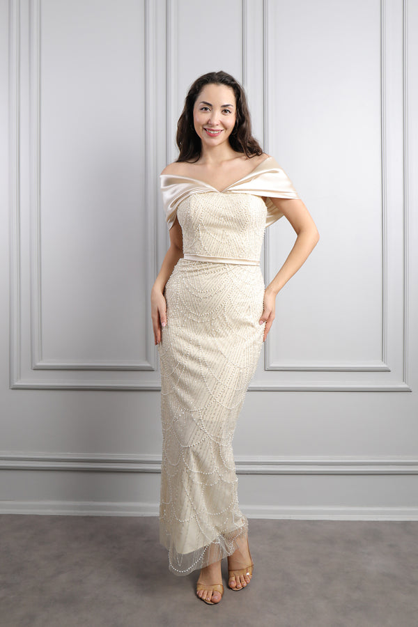 Kayık Yaka Boncuk İşlemeli Abiye Bej