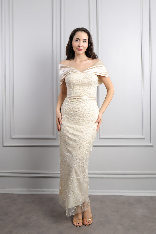 Kayık Yaka Boncuk İşlemeli Abiye Bej