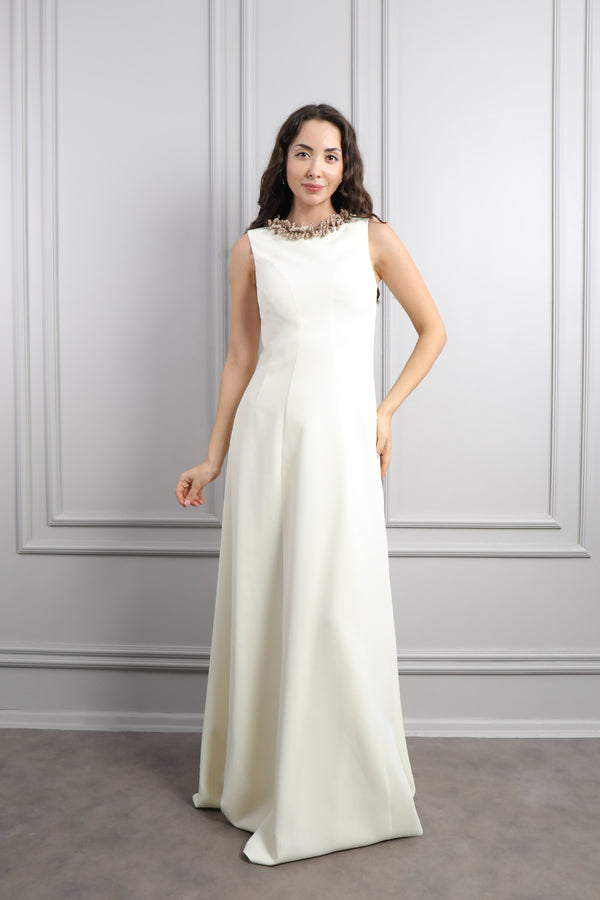 Yakası Taş Detaylı Büyük Beden Abiye Kemik