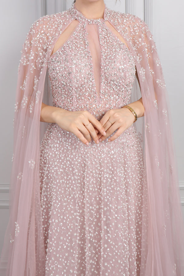 Halter Yaka Pelerin Detaylı İnci Ve Taş İşlemeli Büyük Beden Tasarım Abiye Pembe