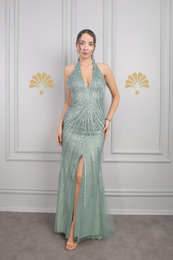 Halter Yaka Boncuk İşlemeli Yırtmaçlı Tasarım Abiye Yeşil