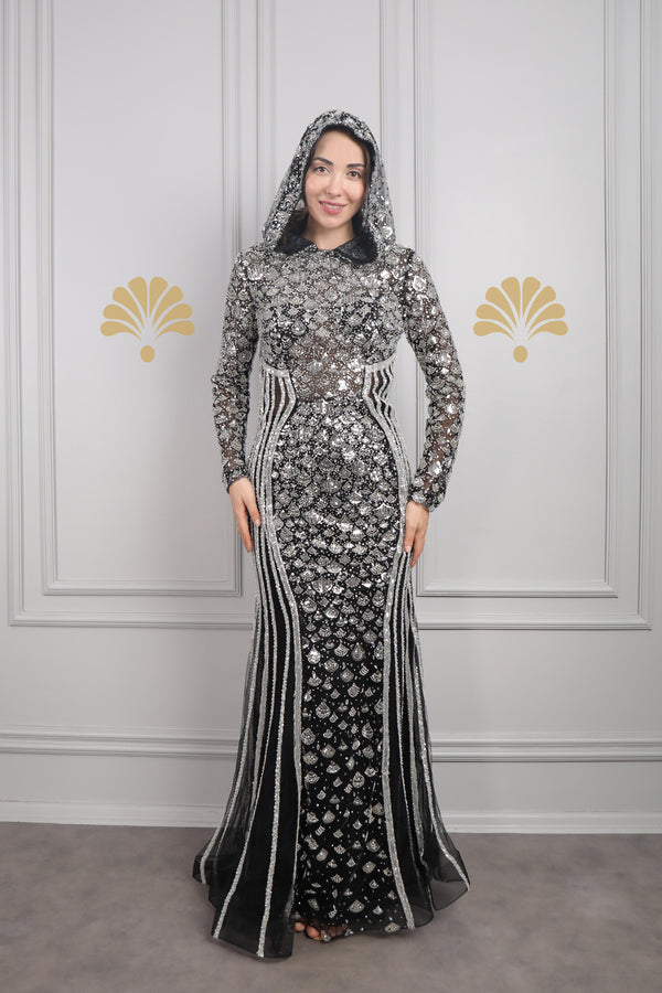 Kapüşon Detaylı Taş Ve Boncuk İşlemeli Büyük Beden Tasarım Abiye Siyah