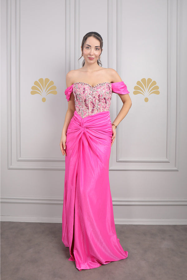 Kayık Yaka Boncuk İşlemeli Beli Düğüm Detaylı Tasarım Abiye Fuşya