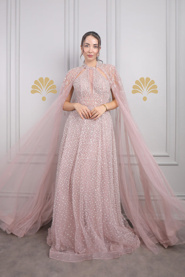 Halter Yaka Pelerin Detaylı İnci Ve Taş İşlemeli Büyük Beden Tasarım Abiye Pembe