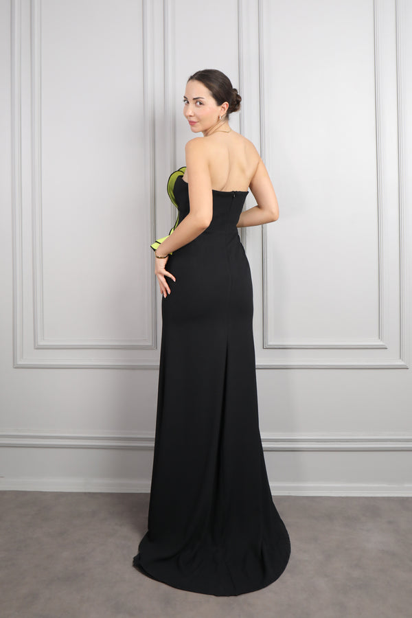 Straplez Drape Detaylı Yırtmaçlı Büyük Beden Abiye Siyah-F.Yeşil