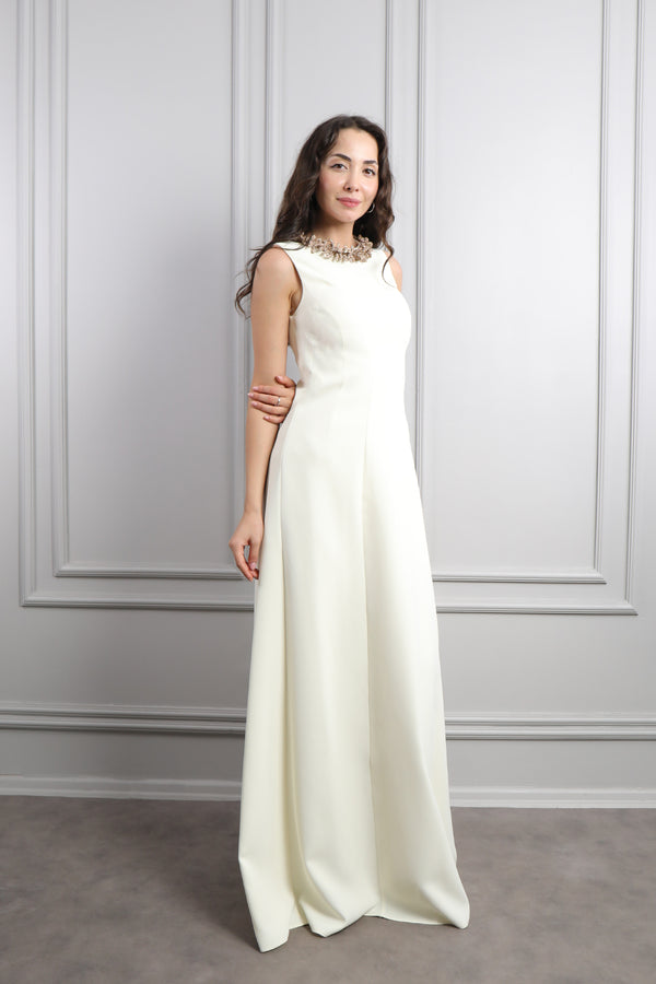 Yakası Taş Detaylı Büyük Beden Abiye Kemik