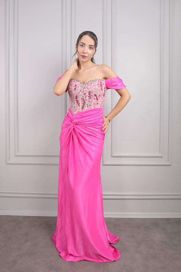 Kayık Yaka Boncuk İşlemeli Beli Düğüm Detaylı Tasarım Abiye Fuşya