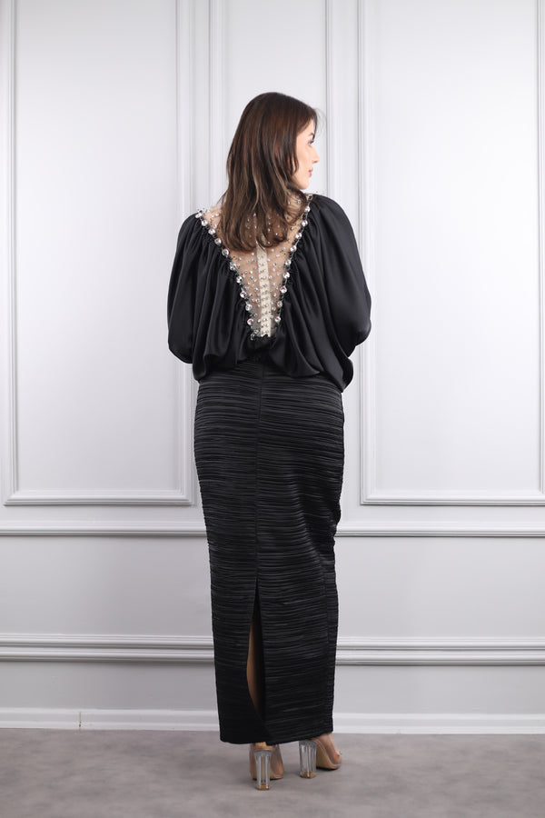 Yakası Taş İşlemeli Saten Etek Takım