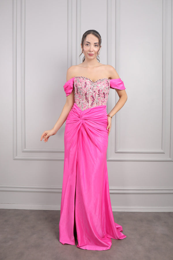 Kayık Yaka Boncuk İşlemeli Beli Düğüm Detaylı Tasarım Abiye Fuşya