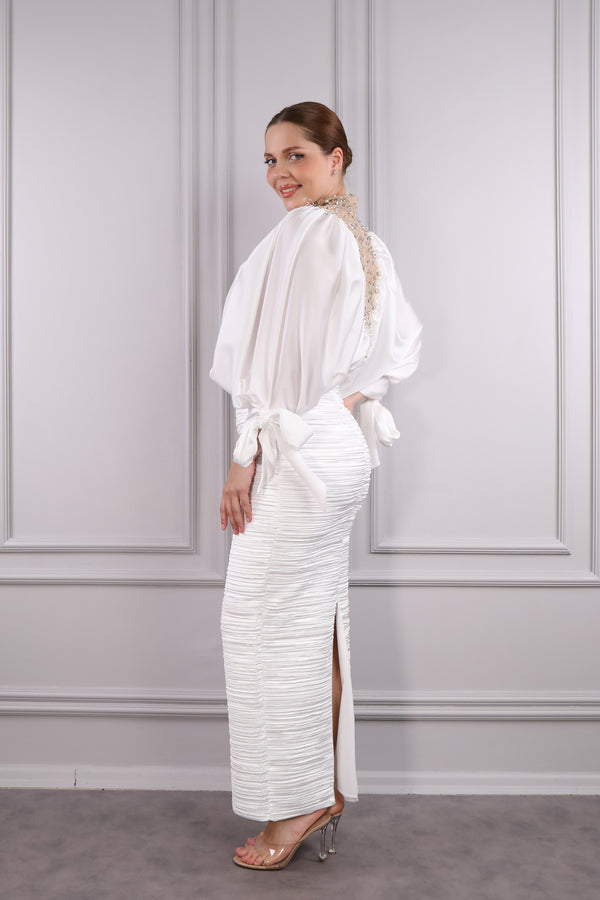 Yakası Taş İşlemeli Saten Etek Takım