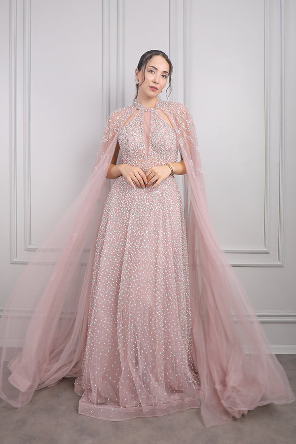 Halter Yaka Pelerin Detaylı İnci Ve Taş İşlemeli Büyük Beden Tasarım Abiye Pembe