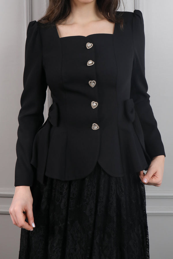 Kare Yaka Düğmesi Kalp Görünümlü Fiyonk Detaylı Etek Takım Siyah