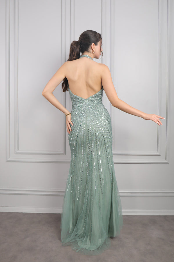 Halter Yaka Boncuk İşlemeli Yırtmaçlı Tasarım Abiye Yeşil