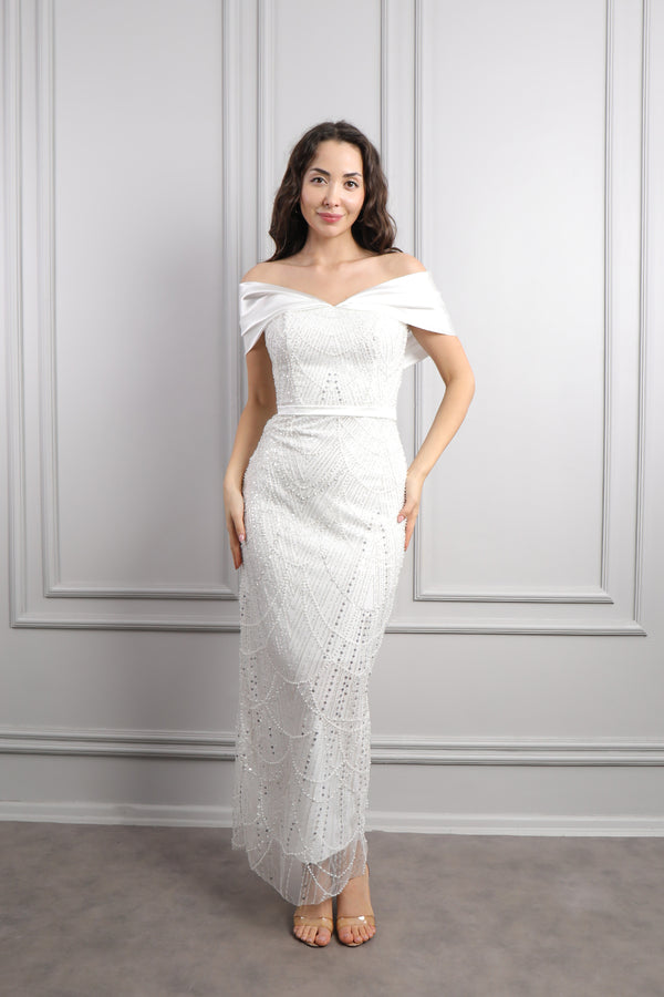 Kayık Yaka Boncuk İşlemeli Abiye Ekru