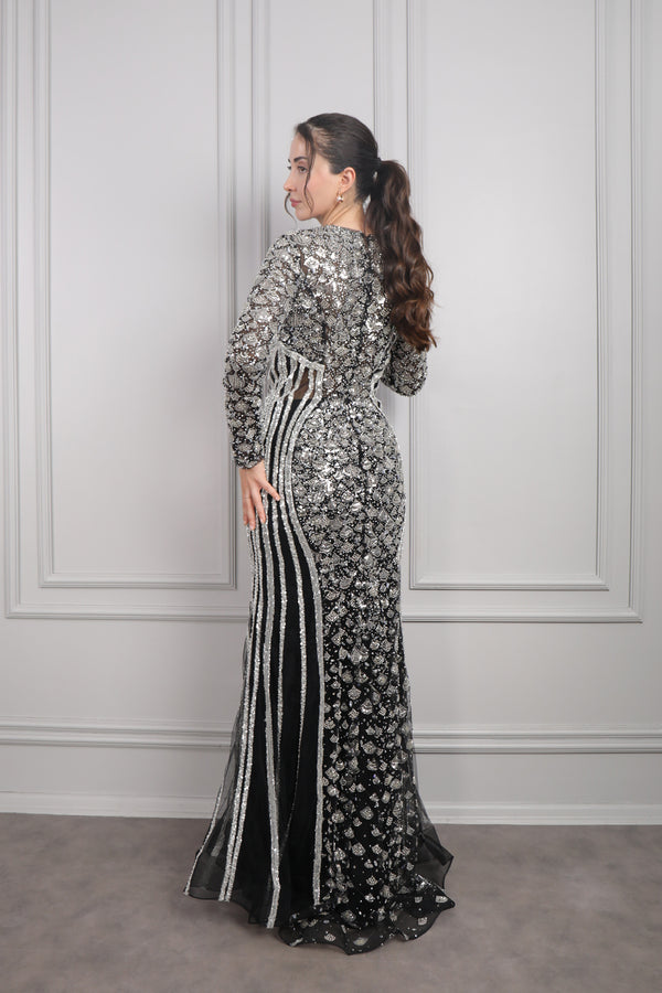 Kapüşon Detaylı Taş Ve Boncuk İşlemeli Büyük Beden Tasarım Abiye Siyah