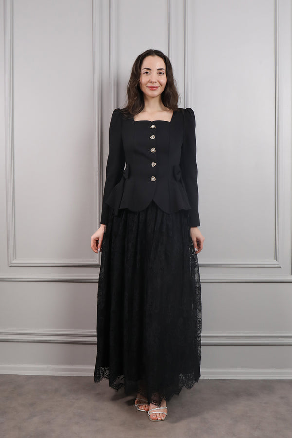 Kare Yaka Düğmesi Kalp Görünümlü Fiyonk Detaylı Etek Takım Siyah