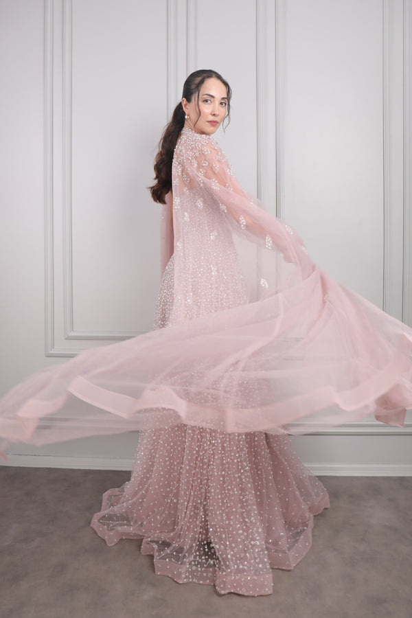 Halter Yaka Pelerin Detaylı İnci Ve Taş İşlemeli Büyük Beden Tasarım Abiye Pembe