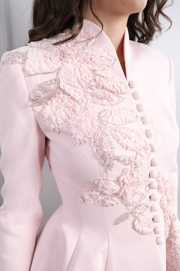 Ceketi Düğme Detaylı Çiçek İşlemeli Pantolon Takım Pudra