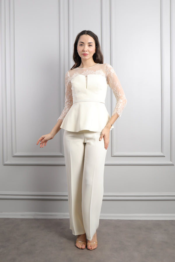 Beli Kemerli Trasparan Detaylı Pantolon Takım Ekru