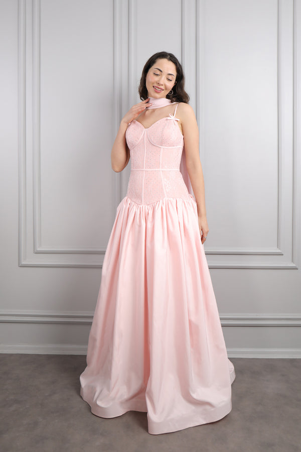 İnce Askılı Korse Görünümlü Fular Detaylı Abiye Pembe