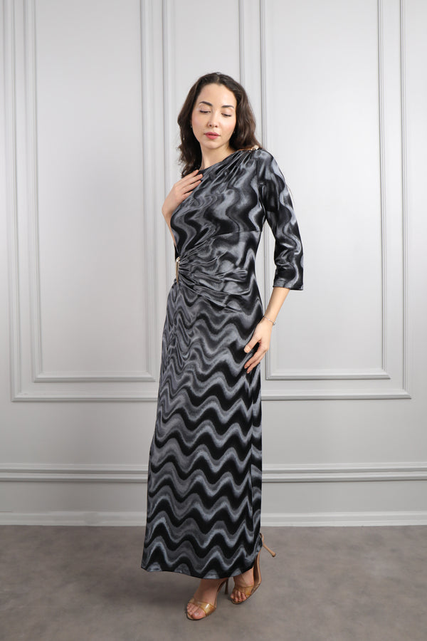 Beli Gold Detaylı Desenli Büyük Beden Kadife Elbise Gri