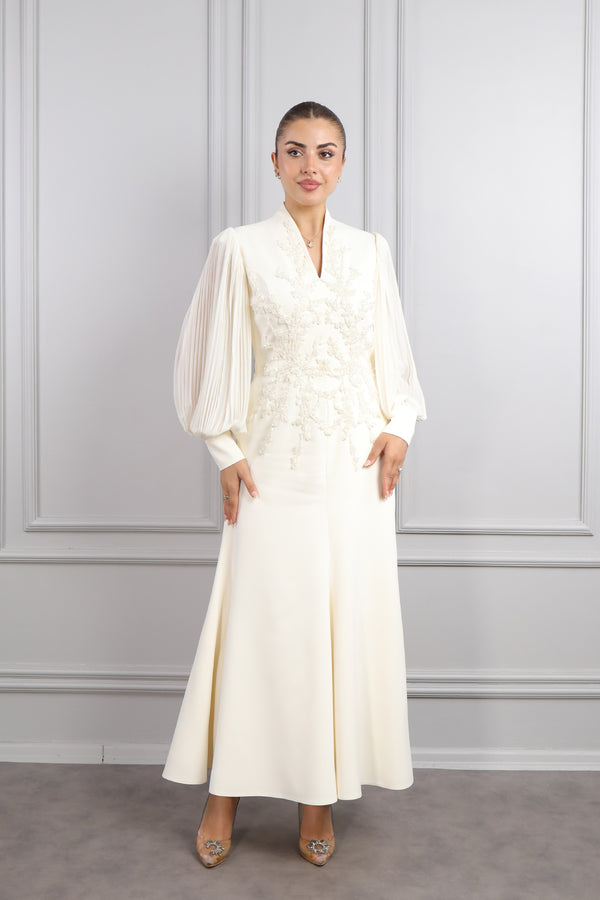 Önü Boncuk İşlemeli Balon Kol Elbise Ekru