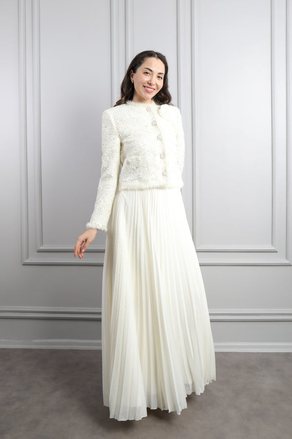 Ceketi Düğme Detaylı Tüvit Elbise Takım Ekru