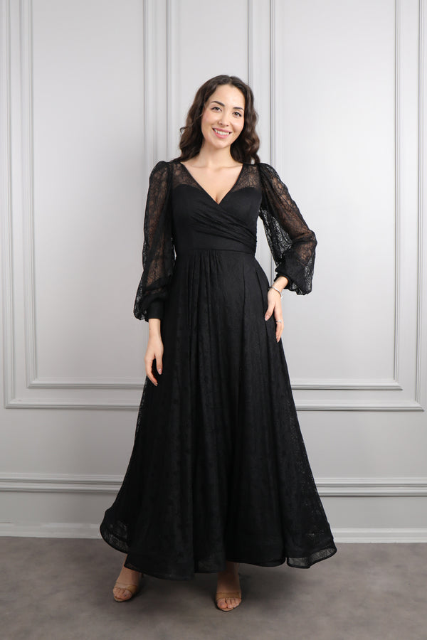 V Yaka Balon Kol Yırtmaçlı Büyük Beden Midi Boy Abiye Siyah