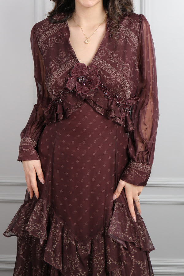 V Yaka Çiçek Detaylı Desenli Büyük Beden Şifon Elbise Mürdüm