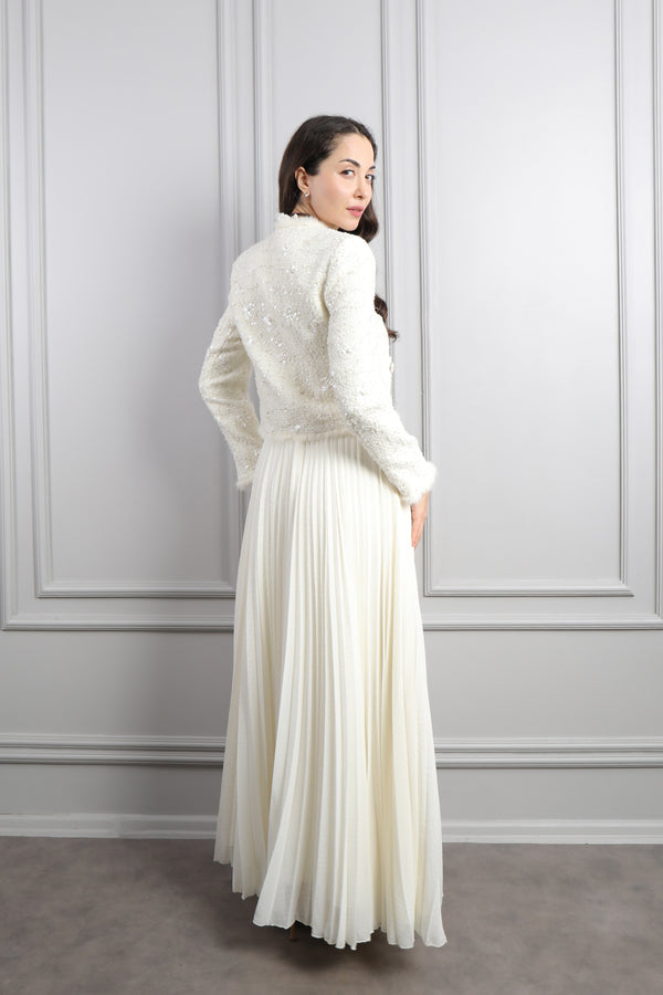 Ceketi Düğme Detaylı Tüvit Elbise Takım Ekru