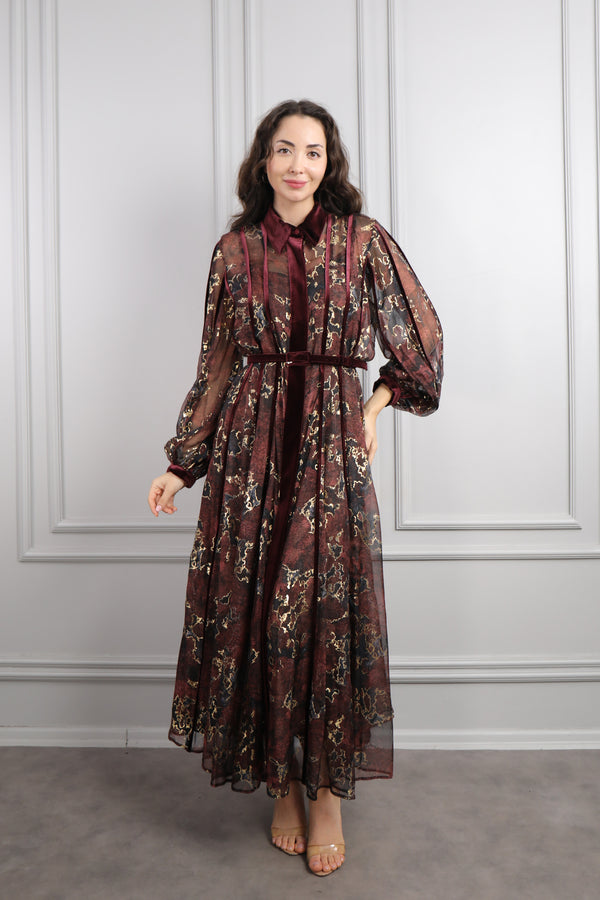 Beli Kemerli Kadife Detaylı Desenli Büyük Beden Şifon Elbise Gold