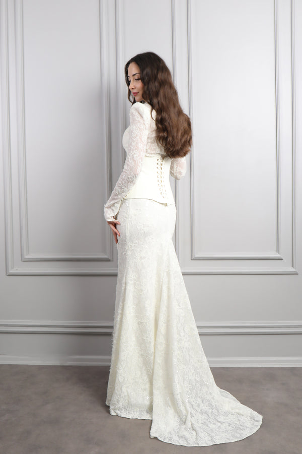 Hakim Yaka Önü Düğmeli Korse Detaylı Dantelli Abiye Kemik