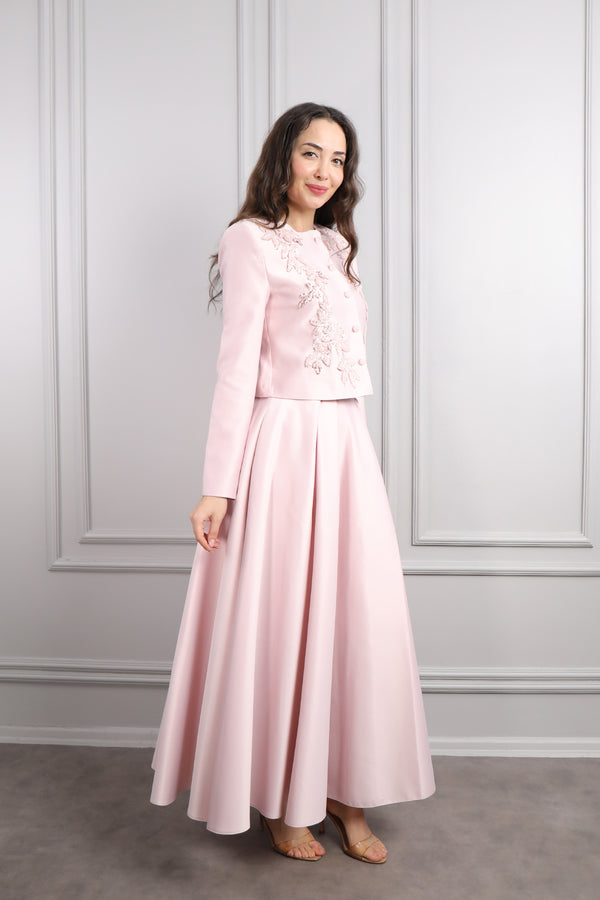Ceketi Düğme Detaylı Boncuk İşlemeli Etek Takım Pudra
