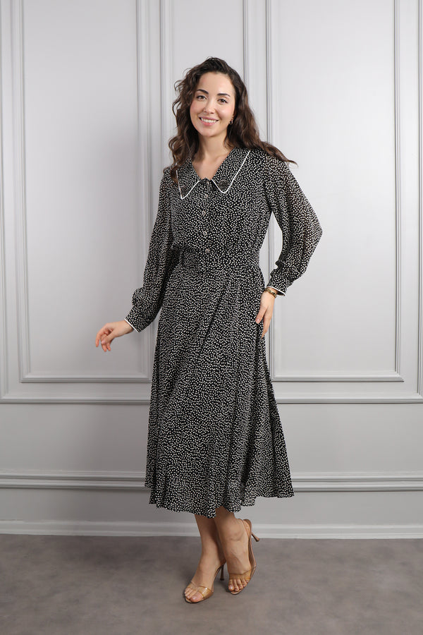Bebe Yaka Beli Kemerli Desenli Büyük Beden Midi Boy Elbise Siyah