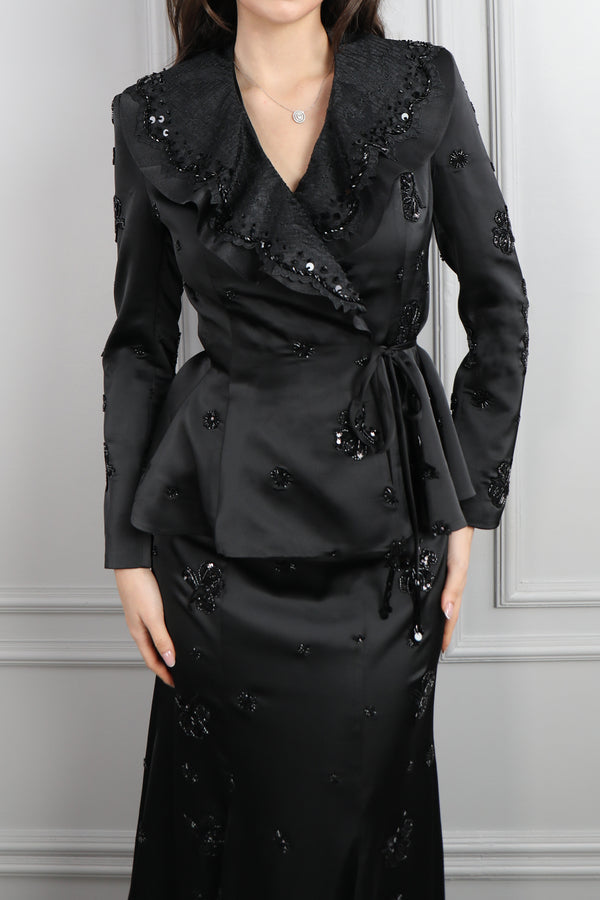 Bebe Yaka Beli Bağlamalı Boncuk İşlemeli Etek Takım Siyah