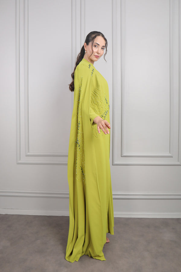 Boncuk İşlemeli Pelerin Detaylı İkili Abaya Takım F.Yeşil