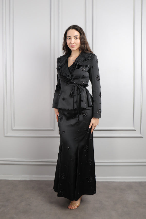 Bebe Yaka Beli Bağlamalı Boncuk İşlemeli Etek Takım Siyah