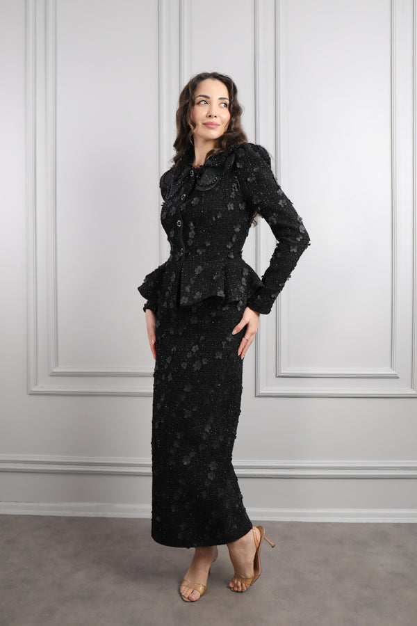 Bebe Yaka Çiçek Detaylı Tüvit Etek Takım Siyah