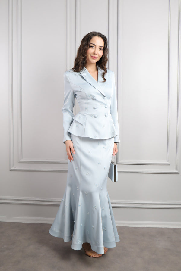 Önü Düğmeli Saç Aksesuar Detaylı Etek Takım Mavi