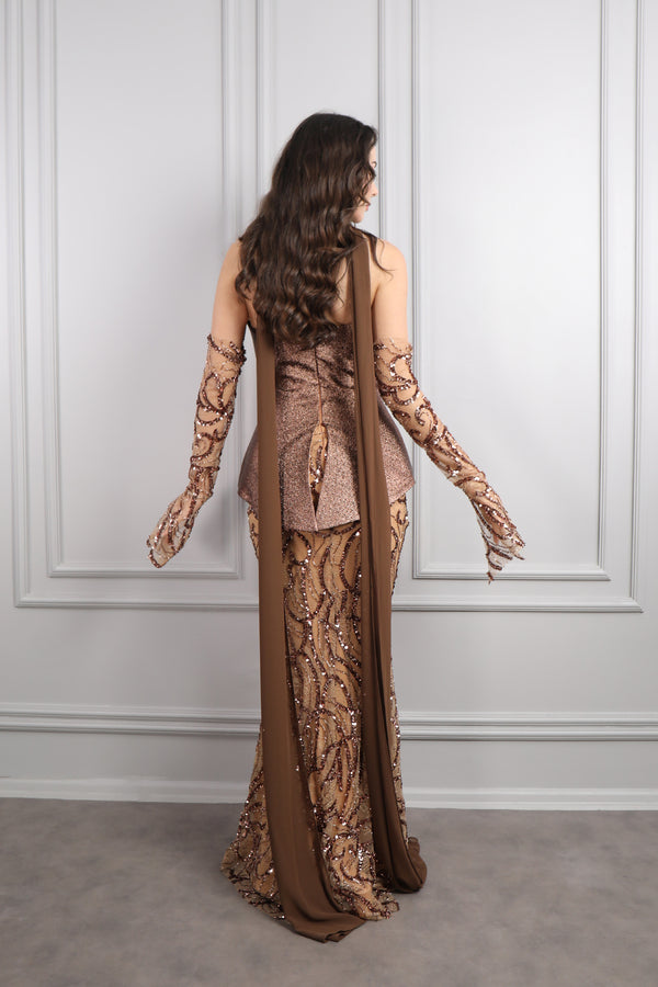 Straplez Asimetrik Kesim Şifon Fular Detaylı Payetli Balık Model Abiye Kahve