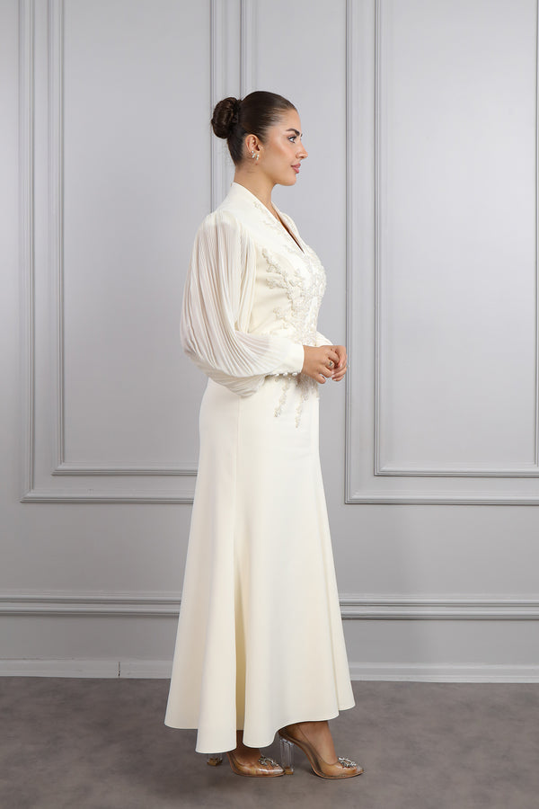 Önü Boncuk İşlemeli Balon Kol Elbise Ekru