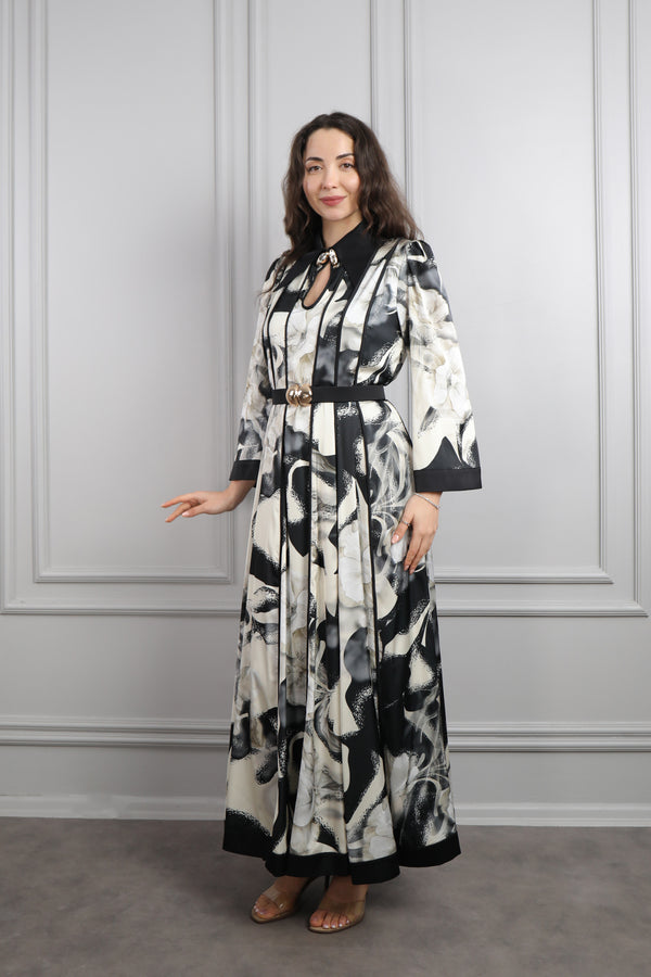 Gömlek Yaka Beli Kemerli Desenli Büyük Beden Saten Elbise Siyah