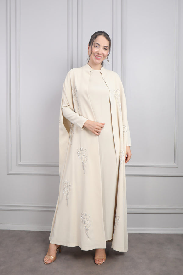 Çiçek İşlemeli İkili Abaya Takım Bej